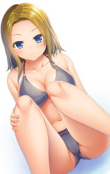 Rule 34 | 1girl, bad id, bad pixiv id, bikini, blonde hair, blue eyes, blush, breasts, cleavage, closed mouth, collarbone, commentary request, dutch angle, frilled bikini, frills, grey background, hand on own leg, highres, invisible chair, legs, looking at viewer, medium breasts, medium hair, noshimasa, original, sitting, smile, solo, swimsuit, white background