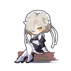 Rule 34 | 1girl, ame., azur lane, black dress, blush, brick wall, chibi, closed mouth, commentary request, cross, dress, frilled dress, frills, full body, grey footwear, grey hair, hair over one eye, highres, juliet sleeves, latin cross, long sleeves, looking at viewer, maid, maid headdress, orange eyes, pantyhose, puffy sleeves, rudder footwear, sheffield (azur lane), shoes, simple background, sitting, solo, white background, white pantyhose