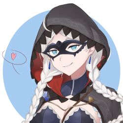 Rule 34 | absurdres, ahoge, archfiend0, blue bodysuit, blue brooch, blue eyes, bodysuit, braid, breasts, cape, chain, commission, commissioner upload, crystal earrings, earrings, eye mask, fire emblem, fire emblem fates, fire emblem heroes, gold chain, heart, highres, hood, hood up, hooded cape, jewelry, leather, long hair, looking at viewer, low twin braids, medium breasts, nina (fire emblem), nina (thief) (fire emblem), nintendo, non-web source, official alternate costume, parted bangs, portrait, skin tight, smile, speech bubble, turtleneck, twin braids, white background