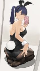 Rule 34 | 1girl, animal ears, ass, back, bad id, bad twitter id, bare shoulders, black leotard, blue eyes, blue hair, blunt bangs, blush, breasts, cellphone, closed mouth, detached collar, fake animal ears, feet, fishnet pantyhose, fishnets, hand on own hip, highres, hip focus, large breasts, leotard, long hair, mole, mole under eye, original, pantyhose, phone, playboy bunny, ponytail, rabbit ears, rabbit tail, selfie, sitting, smile, soles, solo, tail, thighs, wariza, wrist cuffs, yomu (sgt epper)