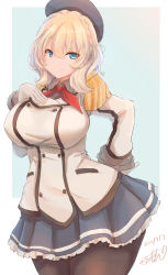 Rule 34 | 1girl, absurdres, beret, black hat, black pantyhose, blonde hair, blue eyes, braid, breasts, buttons, colorado (kancolle), commentary request, cosplay, epaulettes, gloves, grey skirt, hat, highres, jacket, kantai collection, kashima (kancolle), kashima (kancolle) (cosplay), large breasts, long sleeves, looking at viewer, military, military jacket, military uniform, neckerchief, pantyhose, pleated skirt, red neckerchief, saamon (salmonkomaku), short hair, side braids, skirt, solo, uniform, white gloves, white jacket