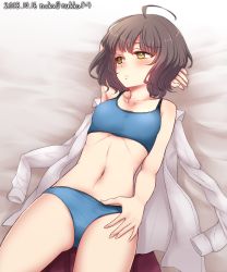 Rule 34 | 1girl, ahoge, armpits, blue bra, blue panties, blush, bra, breasts, brown hair, closed mouth, highres, kantai collection, kishinami (kancolle), long sleeves, lying, nuka (nvkka), one-hour drawing challenge, open clothes, panties, shirt, short hair, small breasts, solo, sports bra, underwear, underwear only, wavy hair, white shirt, yellow eyes