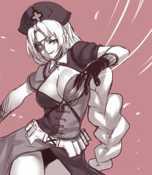 Rule 34 | &gt;:), 1girl, adapted costume, alternate costume, belt, bicorne, black gloves, braid, breasts, center opening, cleavage, dress, eyepatch, female focus, gloves, grin, hat, houtengeki, large breasts, long hair, looking at viewer, monochrome, motion lines, needle, nurse cap, open clothes, open dress, parted bangs, pink background, purple background, sketch, smile, solo, syringe, test tube, touhou, upskirt, v-shaped eyebrows, very long hair, white hair, yagokoro eirin