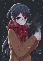 Rule 34 | 10s, 1girl, azu (azusayumix), black-framed eyewear, black background, black hair, blush, breasts, closed mouth, cup, enpera, eyelashes, fingernails, glasses, hairband, holding, holding cup, kantai collection, long hair, long sleeves, looking at viewer, motion blur, mug, ooyodo (kancolle), plaid, plaid scarf, red scarf, scarf, semi-rimless eyewear, sleeves past wrists, small breasts, smile, snowing, solo, steam, sweater, under-rim eyewear, upper body, winter, winter clothes