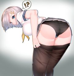 Rule 34 | !?, 10s, 1girl, ass, bad id, bad pixiv id, bare arms, bent over, black panties, black pantyhose, blouse, blue eyes, breasts, closed mouth, dressing, flat ass, grey skirt, hair ornament, hairclip, hamakaze (kancolle), kantai collection, kneepits, large breasts, legs together, looking at viewer, looking back, miniskirt, panties, pantyhose, pleated skirt, school uniform, serafuku, shirt, short hair, short sleeves, silver hair, skirt, solo, speech bubble, suzuharu toufu, swept bangs, underwear, upskirt, white shirt