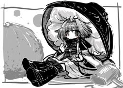 Rule 34 | 1girl, blush stickers, bowl, bowl hat, eating, food, fruit, greyscale, hat, japanese clothes, kimono, mallet, mandarin orange, md5 mismatch, mini person, minigirl, monochrome, obi, resized, sash, short hair, smile, solo, sukuna shinmyoumaru, touhou, yt (wai-tei)