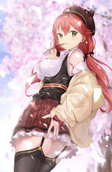 Rule 34 | 1girl, absurdres, ahoge, beret, black hat, black ribbon, black thighhighs, blurry, blurry background, blush, breasts, brown jacket, cherry blossoms, commentary, corset, cowboy shot, day, detached sleeves, flower, flower knot, framed breasts, frilled skirt, frills, from side, garter straps, green eyes, hair between eyes, hair flower, hair ornament, hair ribbon, hairclip, hat, highres, holding, holding removed eyewear, hololive, jacket, long hair, looking at viewer, medium breasts, miniskirt, off shoulder, official alternate costume, open clothes, open jacket, open mouth, outdoors, petals, pink hair, plaid, plaid skirt, red-framed eyewear, red skirt, ribbon, sakura miko, sakura miko (casual), semi-rimless eyewear, shirt, skirt, solo, syafa, thighhighs, thighs, tree, twintails, underbust, unworn eyewear, virtual youtuber, white shirt, zettai ryouiki