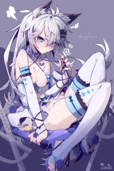 Rule 34 | 1girl, absurdres, alternate costume, animal collar, animal ears, arknights, bare shoulders, bell, belt collar, black nails, blue collar, blue eyes, blue flower, blue footwear, blue rose, blush, breasts, bridal gauntlets, bridal legwear, character name, chinese commentary, cleavage, cleavage cutout, closed mouth, clothing cutout, collar, collarbone, commentary request, dress, elbow gloves, eyes visible through hair, flower, gloves, grey background, grey hair, hair between eyes, hair ornament, hairclip, hand up, heart cutout, high heels, highres, imazawa, jingle bell, knees up, lappland (arknights), leash, long hair, medium breasts, nail polish, neck bell, nipples, paid reward available, pleated dress, puff of air, rose, sandals, solo, tail, thighhighs, toenail polish, toenails, toes, white dress, white gloves, white thighhighs, wolf ears, wolf girl, wolf tail