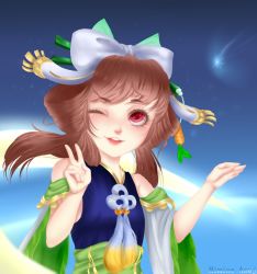 Rule 34 | 1girl, bare shoulders, breasts, brown hair, chang&#039;e, highres, mizaj, mobile legends: bang bang, one eye closed, small breasts, smile, solo, tagme, upper body, v, wink