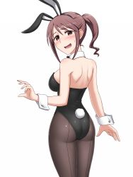 Rule 34 | 10s, 1girl, animal ears, ass, back, backless leotard, bare back, bare shoulders, black pantyhose, blush, bow, bowtie, breasts, brown eyes, brown hair, detached collar, fake animal ears, female focus, idolmaster, idolmaster cinderella girls, leotard, long hair, looking at viewer, looking back, mifune miyu, open mouth, pantyhose, pataneet, playboy bunny, rabbit ears, rabbit tail, short hair, shy, sideboob, simple background, smile, solo, standing, sweatdrop, tail, white background, wrist cuffs