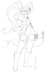 Rule 34 | 1girl, alternate costume, artist name, black eyes, boots, graphite (medium), greyscale, hatsune miku, highres, holding, holding microphone stand, long hair, looking ahead, looking up, microphone, microphone stand, monochrome, open hand, solo, thigh boots, thighhighs, traditional media, twintails, vocaloid, werfmight, white background
