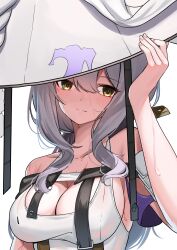 Rule 34 | 1girl, absurdres, armor, bare shoulders, blush, breasts, cleavage, closed mouth, collarbone, goddess of victory: nikke, grey hair, hair between eyes, hand on headwear, hat, highres, iznal, japanese armor, jingasa, large breasts, large hat, leotard, long hair, looking to the side, scarlet (nikke), shoulder armor, simple background, sode, solo, sweat, upper body, white background, white leotard, yellow eyes