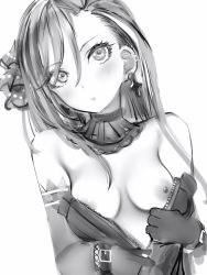 Rule 34 | 1girl, bad id, bad pixiv id, bare shoulders, belt, blush, breasts, copyright request, cross, cross earrings, earrings, elbow gloves, gloves, greyscale, hair between eyes, highres, jewelry, kurusu natsume, kurusu natsume (old design), long hair, looking at viewer, monochrome, nanashi (nlo), nijisanji, nipples, parted lips, simple background, small breasts, solo, unzipping, virtual youtuber, white background