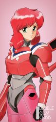 Rule 34 | 1girl, armor, breasts, bubblegum crisis, clenched hand, copyright name, cowboy shot, green eyes, highres, liqueur (retroot1), looking at viewer, medium breasts, nene romanova, pink background, pink hair, power armor, science fiction, smile, solo