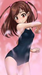 Rule 34 | 1girl, arm up, armpits, bare arms, bare shoulders, black one-piece swimsuit, blush, breasts, brown hair, closed mouth, commentary request, competition school swimsuit, cowboy shot, embarrassed, from side, frown, gradient background, hair ornament, hair scrunchie, long hair, looking down, one-piece swimsuit, original, pink background, red eyes, rohitsuka, school swimsuit, scrunchie, small breasts, solo, swept bangs, swimsuit, tareme, two side up, wide hips