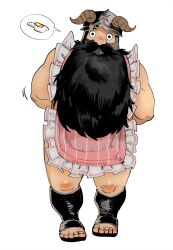 Rule 34 | 1boy, absurdres, apron, arms behind back, bara, beard, bogactivity, dungeon meshi, dwarf, egg (food), facial hair, fake horns, fat, fat man, food, frilled apron, frills, full body, helmet, highres, horned helmet, horns, long beard, looking at viewer, male focus, nearly naked apron, pink apron, senshi (dungeon meshi), solo, spoken food, standing, thick mustache, very long beard