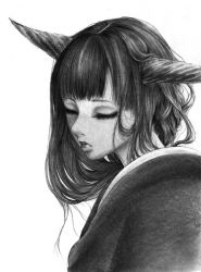 Rule 34 | 1girl, commentary request, closed eyes, graphite (medium), greyscale, hane (azelye), horns, japanese clothes, kimono, monochrome, original, parted lips, simple background, solo, traditional media, upper body, white background