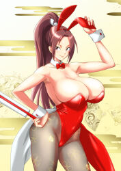 Rule 34 | 1girl, alternate costume, animal ears, bow, bowtie, breasts, brown eyes, brown hair, chinese zodiac, cleavage, contrapposto, curvy, detached collar, fake animal ears, fatal fury, female focus, hairband, hand fan, highleg, highleg leotard, holding, holding fan, large breasts, leotard, long hair, matching hair/eyes, minpei ichigo, pantyhose, playboy bunny, ponytail, print pantyhose, rabbit ears, red bow, red bowtie, red leotard, shiranui mai, smile, solo, standing, strapless, strapless leotard, thick thighs, thighs, wide hips, wrist cuffs, year of the rabbit