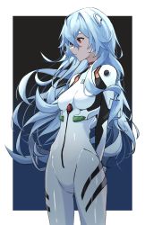 Rule 34 | 1girl, absurdres, arms behind back, ayanami rei, black background, blue background, blue hair, bodysuit, border, breasts, breasts apart, closed mouth, cowboy shot, gnns, gradient background, hair between eyes, headgear, highres, long hair, neon genesis evangelion, outside border, plugsuit, rebuild of evangelion, red eyes, small breasts, solo, standing, very long hair, white bodysuit, white border