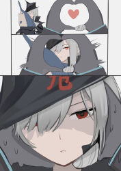 Rule 34 | 1girl, 3koma, absurdres, annoyed, arknights, ascot, bandaged fingers, bandages, black gloves, black headwear, comic, commentary, doctor (arknights), english commentary, fish, gladiia (arknights), gloves, grey hair, hair over one eye, hat, heart, highres, long hair, hugging object, pov, red eyes, shaded face, smile, snoot challenge, stuffed animal, stuffed toy, sweatdrop, swordfish, wawamachi (wawamachis), x x