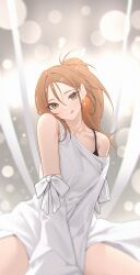 Rule 34 | 1girl, :q, bow, bra strap, brown eyes, brown hair, commentary, dress, head tilt, highres, long hair, long sleeves, looking at viewer, original, sitting, siun, smile, solo, tongue, tongue out, white bow, white dress