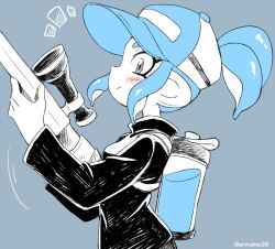 Rule 34 | 1girl, blue hair, blue theme, blush, closed mouth, eromame, from side, grey background, grey eyes, hair through headwear, hat, high ponytail, holding, holding weapon, ink, ink tank (splatoon), jacket, limited palette, long sleeves, looking at viewer, nape, nintendo, nose, octoling, octoling girl, octoling player character, ponytail, profile, sidelocks, simple background, smile, solo, splatoon (series), splatoon 2, tentacle hair, twitter, upper body, weapon