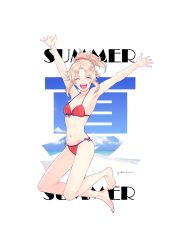 Rule 34 | 1girl, aisu (shipposama), barefoot, bikini, blonde hair, breasts, closed eyes, fate/grand order, fate (series), full body, happy, highres, jumping, mordred (fate), mordred (fate) (all), mordred (fate/apocrypha), mordred (swimsuit rider) (fate), mordred (swimsuit rider) (first ascension) (fate), open mouth, outstretched arms, ponytail, red bikini, short hair, side-tie bikini bottom, signature, simple background, smile, solo, string bikini, swimsuit, white background