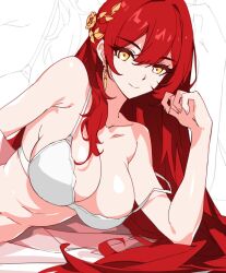 Rule 34 | 1girl, bare shoulders, bra, breasts, cleavage, commentary, earrings, english commentary, hand up, highres, himeko (honkai: star rail), honkai: star rail, honkai (series), jewelry, kili kilio, large breasts, long hair, looking at viewer, navel, red hair, stomach, underwear, very long hair, white bra, yellow eyes