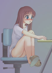 Rule 34 | blush, brown hair, chair, computer, eyepatch, green eyes, mouse (computer), no pants, nonta, original, panties, reflection, slippers, solo, striped clothes, striped panties, underwear