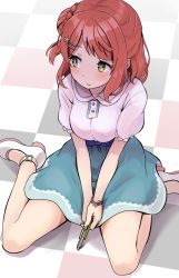 Rule 34 | 1girl, blue skirt, blush, boxcutter, breasts, brown hair, checkered floor, collared shirt, commentary request, eyebrows hidden by hair, from above, hair bun, hair ornament, hairclip, high heels, holding, looking away, looking to the side, love live!, love live! nijigasaki high school idol club, love live! school idol project, medium breasts, parted lips, puffy short sleeves, puffy sleeves, shipii (jigglypuff), shirt, shoes, short sleeves, side bun, single hair bun, single side bun, sitting, skirt, solo, uehara ayumu, wariza, white footwear, white shirt, yellow eyes