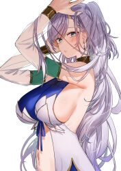 Rule 34 | 1girl, armpits, arms up, blue dress, braid, braided bangs, breasts, bright pupils, clothing cutout, detached sleeves, dress, from side, green eyes, grey hair, highres, hololive, hololive indonesia, large breasts, long sleeves, looking at viewer, looking to the side, navel, parted lips, pavolia reine, pavolia reine (1st costume), playing with own hair, ribs, see-through, see-through sleeves, sideboob, solo, stomach, stomach cutout, takeno omoti, upper body, virtual youtuber, white pupils