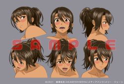 Rule 34 | 1girl, absurdres, blush stickers, brown eyes, brown hair, character sheet, dark-skinned female, dark skin, embarrassed, hajimete no hitozuma, highres, kanae (hajimete no hitozuma), looking at viewer, looking back, looking to the side, multiple views, nude, official art, ponytail, shiny skin, simple background, upper body