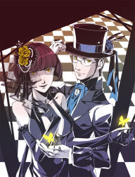 Rule 34 | 1boy, 1girl, atlus, bare shoulders, black hair, blue flower, blue rose, breasts, bug, butterfly, checkered floor, cleavage, collarbone, dress, flower, formal, glasses, gloves, hair ornament, hat, insect, jacket, jewelry, kirishima eriko, lace, lipstick, looking at viewer, makeup, nanjou kei, necklace, official style, persona, persona 1, persona 2, persona 2 batsu, rose, scarf, shaded face, short hair, smile, suit, veil, white-light, yellow eyes, yellow flower, yellow rose