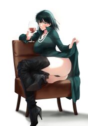 Rule 34 | 1girl, ass, black footwear, black panties, blunt bangs, blush, boots, breasts, closed mouth, clothes lift, commentary, commission, crossed legs, cup, dress, dress lift, drinking glass, earrings, fubuki (one-punch man), full body, green dress, green eyes, green hair, high heel boots, high heels, highres, holding, holding cup, jewelry, large breasts, long sleeves, looking at viewer, necklace, on chair, one-punch man, panties, pearl necklace, popped collar, short hair, sitting, solo, spykeee, stiletto boots, stiletto heels, teardrop earring, thigh boots, thighs, thong, twitter username, underwear, watermark, white background, wine glass, yokozuwari