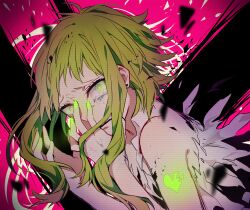 Rule 34 | 1girl, ariilha12, bare arms, cracked skin, crying, crying with eyes open, ghost rule (vocaloid), glowing nails, green eyes, green hair, green nails, gumi, hand on own face, heart, highres, looking at viewer, open mouth, pink background, shirt, short hair with long locks, sleeveless, sleeveless shirt, solo, tears, teeth, torn clothes, torn shirt, upper body, upper teeth only, vocaloid, white shirt