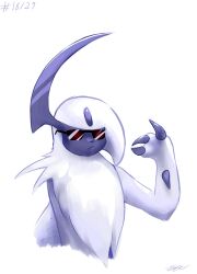 Rule 34 | absol, absurdres, animal focus, blue skin, claws, closed mouth, colored skin, commentary, commentary request, creatures (company), english commentary, forehead jewel, game freak, gen 3 pokemon, highres, horns, likey, mane, mixed-language commentary, nintendo, no humans, pokemon, pokemon (creature), signature, simple background, single horn, sunglasses, white background, white fur
