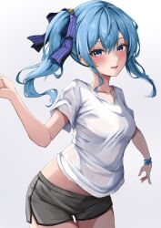 Rule 34 | 1girl, blue eyes, blue hair, blush, breasts, collarbone, covered navel, grey shorts, hair between eyes, hair ribbon, highres, hololive, hoshimachi suisei, looking at viewer, medium breasts, medium hair, open mouth, ribbon, see-through, see-through shirt, shirt, short sleeves, shorts, side ponytail, smile, solo, star (symbol), star in eye, symbol in eye, takuty, teeth, upper teeth only, virtual youtuber, white background, white shirt
