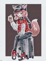 1girl animal_ears arknights baseball_cap between_legs black_hat black_pants border brown_background ears_through_headwear extra_ears film_grain fox_ears fox_girl fox_tail full_body hand_between_legs hat highres jacket long_sleeves looking_at_viewer medium_hair official_alternate_costume open_mouth outline outside_border pants pink_hair rolling_suitcase shoes simple_background sitting sneakers solo suitcase sussurro_(arknights) sussurro_(travel_freely)_(arknights) tail violetstone white_border white_outline