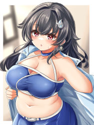 Rule 34 | 1girl, bandeau, belt, black hair, blue bandeau, blush, breasts, cleavage, collarbone, hair between eyes, hair flaps, hair ornament, jingei (kancolle), kantai collection, kasashi (kasasi008), large breasts, long hair, navel, parted lips, plump, race queen, red eyes, solo, upper body, white belt