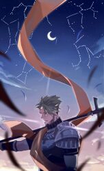 Rule 34 | 1boy, absurdres, achilles (fate), armor, constellation, crescent moon, fate/grand order, fate (series), haruakira, highres, holding, holding polearm, holding weapon, lance, lens flare, male focus, mature male, moon, night, night sky, orange sash, over shoulder, parted lips, partisan (weapon), pauldrons, polearm, sagittarius (constellation), sash, short hair, shoulder armor, sky, solo, star (sky), undercut, upper body, weapon, weapon over shoulder, yellow eyes