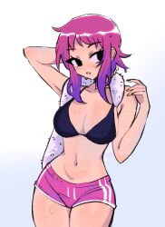 Rule 34 | 1girl, :o, arm up, bikini, black bikini, black eyes, breasts, cleavage, collarbone, commentary, cowboy shot, english commentary, grey background, hand up, highres, large breasts, megrocks, multicolored hair, navel, pink hair, pink shorts, purple hair, ramona flowers, scott pilgrim (series), shorts, simple background, sweat, swimsuit, towel, towel around neck, two-tone hair