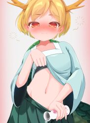 Rule 34 | 1girl, antlers, blonde hair, blue shirt, blush, dragon girl, dragon horns, dragon tail, highres, horns, kicchou yachie, looking at viewer, midriff, ohitoriplayer, red eyes, shirt, short hair, square neckline, tail, touhou, turtle shell, yellow horns