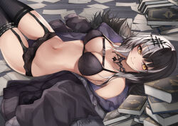Rule 34 | 1girl, black choker, black coat, black hair, black panties, black thighhighs, book, breasts, choker, coat, from side, fur-trimmed coat, fur trim, garter belt, grey hair, highres, hololive, hololive english, jacket, large breasts, long hair, looking at viewer, lying, multicolored hair, navel, off shoulder, on back, on floor, open clothes, open jacket, panties, paper, seductive smile, shiori novella, shiori novella (1st costume), smile, solo, split-color hair, stomach, takida 185, thighhighs, two-tone hair, underwear, virtual youtuber, yellow eyes, zipper