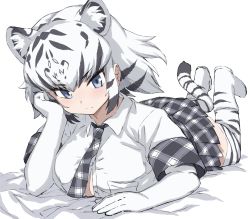 Rule 34 | 1girl, animal ears, animal print, black hair, blue eyes, blush, boots, collared shirt, commentary request, extra eyes, head on hand, highres, kakanashi1, kemono friends, looking at viewer, lying, necktie, on bed, on stomach, plaid, plaid necktie, plaid neckwear, plaid skirt, plaid trim, pleated skirt, print thighhighs, shirt, short hair, short sleeves, skirt, solo, t-shirt, tail, thighhighs, tiger ears, tiger girl, tiger print, tiger tail, white hair, white shirt, white theme, white thighhighs, white tiger (kemono friends), white tiger print, zettai ryouiki