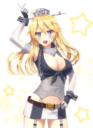 Rule 34 | 10s, 1girl, belt, blonde hair, blue eyes, breasts, cleavage, cowboy shot, elbow gloves, fingerless gloves, front-tie top, garter straps, gloves, highres, iowa (kancolle), kantai collection, komeshitsu, large breasts, long hair, miniskirt, open mouth, skirt, solo, star-shaped pupils, star (symbol), starry background, striped, symbol-shaped pupils, thighhighs, vertical stripes