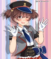 Rule 34 | 10s, 1girl, alisa (girls und panzer), alternate costume, black hat, blue bow, blue necktie, blush, bow, brown eyes, brown hair, chikomayo, collared shirt, commentary request, corset, freckles, frilled shirt, frills, girls und panzer, gloves, grey jacket, hair ornament, hat, idol, jacket, looking at viewer, multicolored background, necktie, one-hour drawing challenge, one eye closed, peaked cap, shadow, shirt, short hair, short twintails, solo, standing, star (symbol), star hair ornament, twintails, twitter username, upper body, waving, white gloves, white shirt