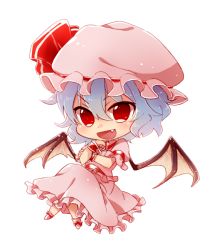 Rule 34 | &gt;:d, 1girl, 6 (yuchae), :d, bat wings, blue hair, bow, chibi, dress, fang, hat, head rest, mob cap, open mouth, red eyes, remilia scarlet, short hair, simple background, slit pupils, smile, solo, touhou, v-shaped eyebrows, white background, wings