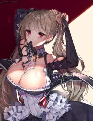 Rule 34 | 1girl, arms up, azur lane, bad id, bad pixiv id, between breasts, black dress, black nails, bow, breasts, bunching hair, cleavage, collarbone, commentary request, covered erect nipples, detached collar, dress, earrings, flight deck, formidable (azur lane), frilled dress, frills, glint, grey hair, hair bow, hair tie in mouth, has bad revision, jewelry, large breasts, lerome, long hair, long sleeves, looking at viewer, md5 mismatch, mouth hold, nail polish, red eyes, resolution mismatch, solo, source smaller, twintails, two-tone background, upper body, very long hair