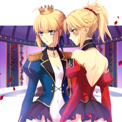 Rule 34 | 2girls, ahoge, alternate costume, artoria pendragon (all), artoria pendragon (fate), back, bare shoulders, black skirt, blonde hair, braid, breasts, collar, collarbone, commentary request, crown, epaulettes, fate/grand order, fate (series), flower, french braid, green eyes, jewelry, miniskirt, mordred (fate), mordred (fate/apocrypha), multiple girls, okurabaakaa, petals, ponytail, rose, rose petals, saber (fate), short hair, skirt, small breasts