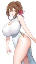 Rule 34 | 1girl, ;d, absurdres, breasts, brown hair, china dress, chinese clothes, commission, dress, gold trim, green eyes, hair between eyes, highres, huge breasts, indie virtual youtuber, kanra miwu, light blush, looking at viewer, one eye closed, one side up, open mouth, side slit, simple background, skeb commission, smile, suruga (xsurugax), thighs, virtual youtuber, white background
